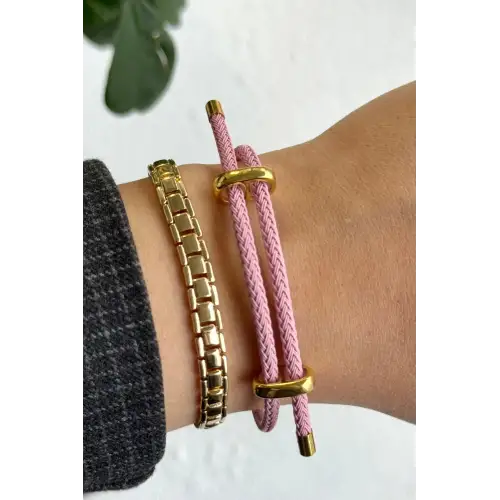 Detaylı Ayarlanabilir Örme İp Kadın Çelik Bileklik Pudra Pembe Kararmaz Renk Atmaz