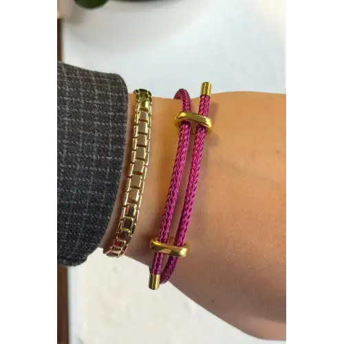 Detaylı Ayarlanabilir Örme İp Kadın Çelik Bileklik Koyu Pembe Kararmaz Renk Atmaz