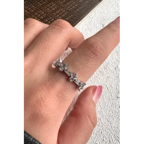 Ters Düz Baget Taşlı Ayarlanabilir Kadın Çelik Yüzük Gümüş Kararmaz Renk Atmaz