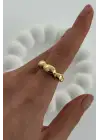 Cilalı Asimetrik Bombeli Günlük Ayarlanabilir Kadın Çelik Yüzük Gold Kararmaz Renk Atmaz