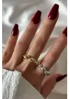 Cilalı Asimetrik Bombeli Günlük Ayarlanabilir Kadın Çelik Yüzük Gold Kararmaz Renk Atmaz