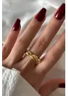 Cilalı Asimetrik Bombeli Günlük Ayarlanabilir Kadın Çelik Yüzük Gold Kararmaz Renk Atmaz