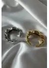 Cilalı Asimetrik Bombeli Günlük Ayarlanabilir Kadın Çelik Yüzük Gold Kararmaz Renk Atmaz