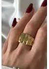 Cilalı Kırışık Asimetrik Bombeli Tasarım Günlük Ayarlanabilir Kadın Çelik Yüzük Gold Kararmaz
