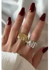 Cilalı Kırışık Asimetrik Bombeli Tasarım Günlük Ayarlanabilir Kadın Çelik Yüzük Gold Kararmaz