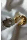Cilalı Kırışık Asimetrik Bombeli Tasarım Günlük Ayarlanabilir Kadın Çelik Yüzük Gold Kararmaz