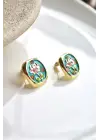 İncili Kare Pembe Lotus Çiçeği Motifli Kabartma Manzara Tasarım Kadın Çelik Küpe Gold Kararmaz