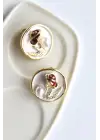 Vintage Kırmızı Gül Motifli 3d Tablo Tasarım Kadın Çelik Küpe Gold Kararmaz Renk Atmaz