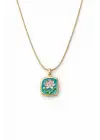 Vintage İncili Kare Pembe Lotus Çiçeği Motifli Kabartma Manzara Tasarım Kadın Çelik Kolye Kararmaz