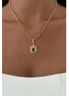 Yeşil Baget Taşlı Kare Tasarım Kadın Çelik Kolye Gold Kararmaz Renk Atmaz