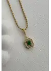 Yeşil Baget Taşlı Kare Tasarım Kadın Çelik Kolye Gold Kararmaz Renk Atmaz
