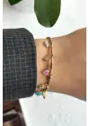 Renkli Taşlı Yonca Charmlı Ayarlanabilir Kelepce Kadın Çelik Bileklik Kararmaz Renk Atmaz