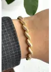 Yaprak Tasarım Full Zirkon Taşlı Ayarlanabilir Kelepce Kadın Çelik Bileklik Altın Kararmaz