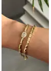 Kuyumcu İşçiliği Baget Taşlı Kelepce Kadın Çelik Bileklik Altın Kararmaz Renk Atmaz