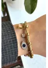 Nazar Boncuğu Charmlı Kelepçe Kadın Çelik Bileklik Gold Kararmaz Renk Atmaz