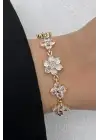 Altın Kaplama 5 li Zirkon Taşlı Lostus Çiçeği Tasarım Kelepce Kadın Çelik Bileklik Kararmaz