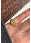 Gold Güneş Figürlü Plaka Tasarım Ayarlanabilir Serçe Parmak Yüzüğü Çelik Yüzük Altın Kararmaz