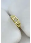 Gold Dikdörtgen Zirkon Taş Detaylı Plaka Tasarım Ayarlanabilir Serçe Parmak Yuzugu Çelik Yüzük Altın