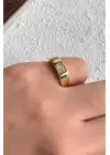 Gold Dikdörtgen Zirkon Taş Detaylı Plaka Tasarım Ayarlanabilir Serçe Parmak Yuzugu Çelik Yüzük Altın