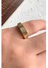 Gold Dikdörtgen Zirkon Taş Detaylı Plaka Tasarım Ayarlanabilir Serçe Parmak Yuzugu Çelik Yüzük Altın