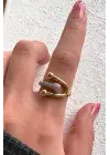 Çift Renk Seri Lucky Curve Drop Tasarım Zirkon Taş Detaylı Ayarlanabilir Çelik Yüzük Kararmaz
