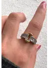 Çift Renk Seri Link Love Tasarım Zirkon Taşlı Ayarlanabilir Çelik Yüzük Kararmaz Renk Atmaz