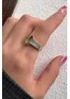 Çift Renk Seri Link Love Tasarım Zirkon Taşlı Ayarlanabilir Çelik Yüzük Kararmaz Renk Atmaz