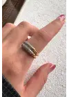 Çift Renk Seri Aurora İkili Sıra Zirkon Taşlı Tasarım Ayarlanabilir Çelik Yüzük Kararmaz Renk Atmaz
