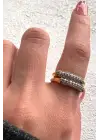 Çift Renk Seri Aurora İkili Sıra Zirkon Taşlı Tasarım Ayarlanabilir Çelik Yüzük Kararmaz Renk Atmaz