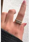 Çift Renk Seri Aurora İkili Sıra Zirkon Taşlı Tasarım Ayarlanabilir Çelik Yüzük Kararmaz Renk Atmaz