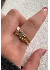 Çift Renk Seri Knot Love Tasarım Zirkon Taşlı Düğüm Bağ Kilit Model Ayarlanabilir Çelik Yüzük