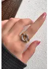 Çift Renk Seri Chain Love Tasarım Zirkon Taşlı Ayarlanabilir Çelik Yüzük Kararmaz Renk Atmaz