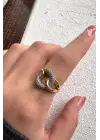 Çift Renk Seri Chain Love Tasarım Zirkon Taşlı Ayarlanabilir Çelik Yüzük Kararmaz Renk Atmaz