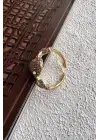 Çift Renk Seri Triple Coin Tasarım Zirkon Taşlı Ayarlanabilir Kadın Çelik Yüzük Kararmaz Renk Atmaz