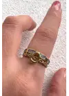 Çift Renk Seri Golden Buckle Tasarım Zirkon Taşlı Ayarlanabilir Çelik Yüzük Kararmaz Renk Atmaz