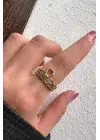 Çift Renk Seri Golden Buckle Tasarım Zirkon Taşlı Ayarlanabilir Çelik Yüzük Kararmaz Renk Atmaz