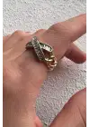 Çift Renk Seri Zirkon Taşlı Çapraz Bar Gold Silver Kaplama Ayarlanabilir Kadın Çelik Yüzük Kararmaz