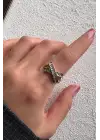 Çift Renk Seri Zirkon Taşlı Çapraz Bar Gold Silver Kaplama Ayarlanabilir Kadın Çelik Yüzük Kararmaz