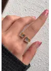 Çift Renk Seri Zirkon Taşlı Çift Parça Cluster Gold Kaplama Ayarlanabilir Kadın Çelik Yüzük Kararmaz