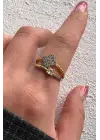 Çift Renk Seri Zirkon Taşlı 2li Yonca Tek Taş Tasarım Ayarlanabilir Kadın Çelik Yüzük Kararmaz