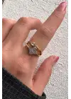 Çift Renk Seri Zirkon Taşlı 2li Yonca Tek Taş Tasarım Ayarlanabilir Kadın Çelik Yüzük Kararmaz