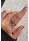 Çift Renk Seri Zirkon Taşlı 2li Yonca Tek Taş Tasarım Ayarlanabilir Kadın Çelik Yüzük Kararmaz