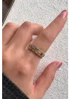 Çift Renk Seri Zirkon Taşlı Zincir Tasarım Gold Silver Ayarlanabilir Kadın Çelik Yüzük Kararmaz
