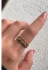 Çift Renk Seri Zirkon Taşlı Zincir Tasarım Gold Silver Ayarlanabilir Kadın Çelik Yüzük Kararmaz