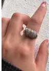 Çift Renk Seri Zirkon Taşlı Bombeli Silindir Tasarım Ayarlanabilir Kadın Çelik Yüzük Kararmaz