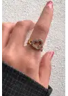 Çift Renk Seri Zirkon Taşlı Kalp Tasarım Zincir Detay Gold Ayarlanabilir Kadın Çelik Yüzük Kararmaz