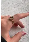 Çift Renk Seri Zirkon Taşlı Kalp Tasarım Zincir Detay Gold Ayarlanabilir Kadın Çelik Yüzük Kararmaz