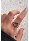 Çift Renk Seri Zirkon Taşlı Kalp Tasarım Zincir Detay Gold Ayarlanabilir Kadın Çelik Yüzük Kararmaz