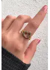 Çift Renk Seri Zirkon Taşlı Kalp Tasarım Zincir Detay Gold Ayarlanabilir Kadın Çelik Yüzük Kararmaz