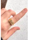 Gold Baget Zirkon Taşlı Geniş Bant Altın Kaplama Ayarlanabilir Serçe Parmak Kadın Çelik Yüzük